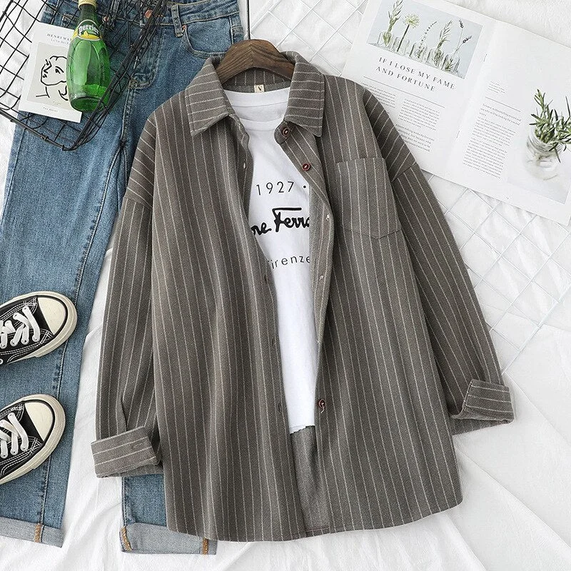 Woolen Striped Shirts Women Blouses And Tops Long Sleeve Female Clothes Outwear Loose New Arrival Yellow Grey