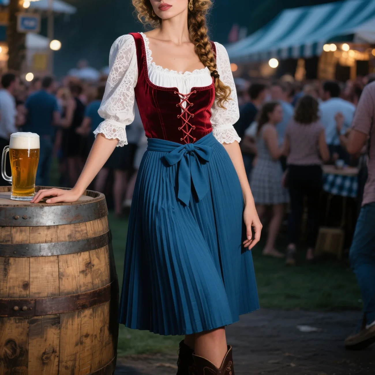Vintage Dress Suit With Lace Inner Wear, Velvet Drawstring Vest, Pleated Skirt Suit, Beer Festival Dress
