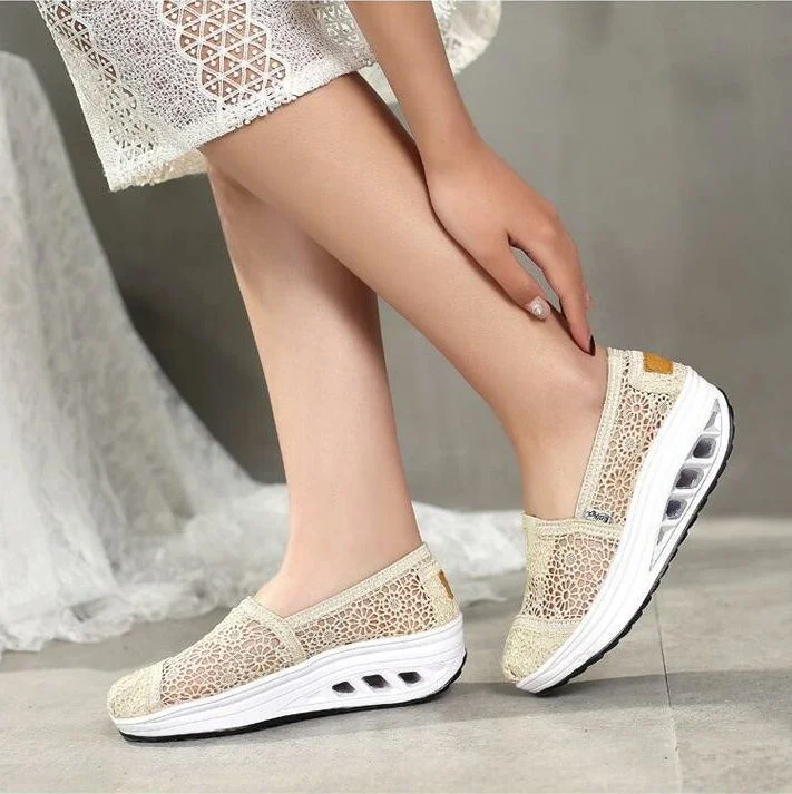 Premium Comfy Summer Lace Shoes Breathable Platform Sole Slip On Height Increasing For Women