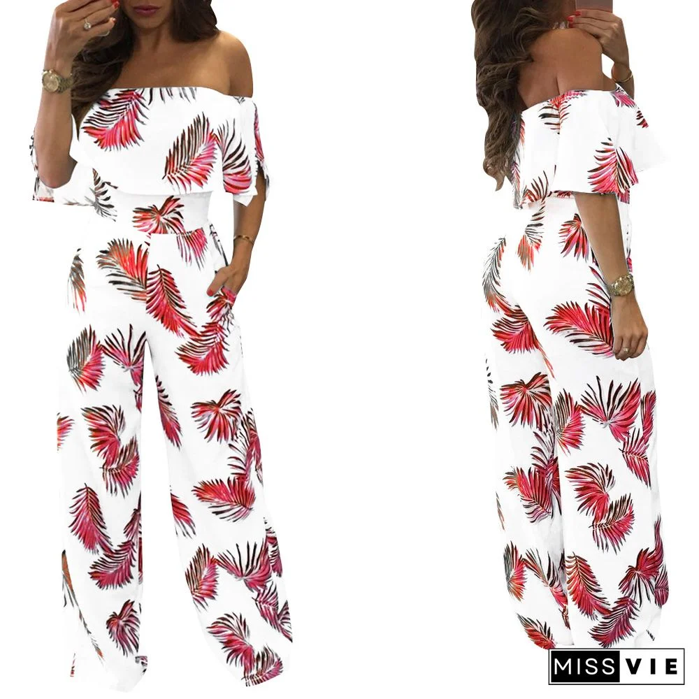 Printed Ruffle Collar Loose Party Jumpsuits