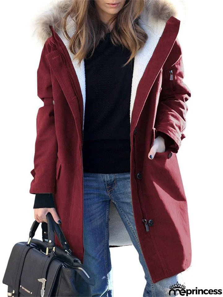 Women's Faux Fur Hooded Mid Length Woolen Coats for Cold Winter