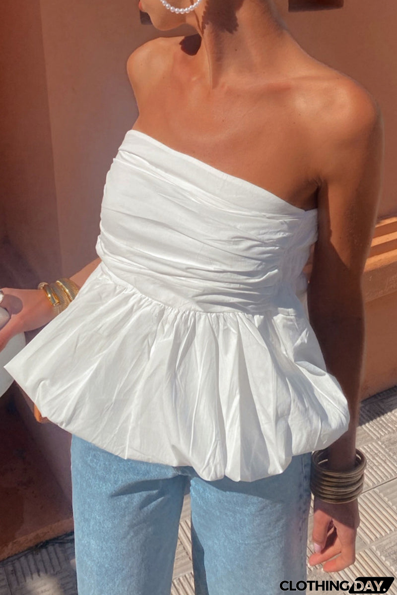 Sexy Daily Solid Color Ruffle Strapless Tops