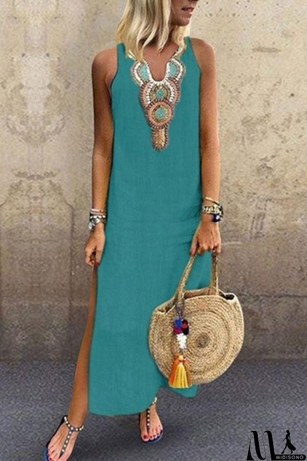 MidiSono - Sleeveless V-neck Slit Tunic Dress