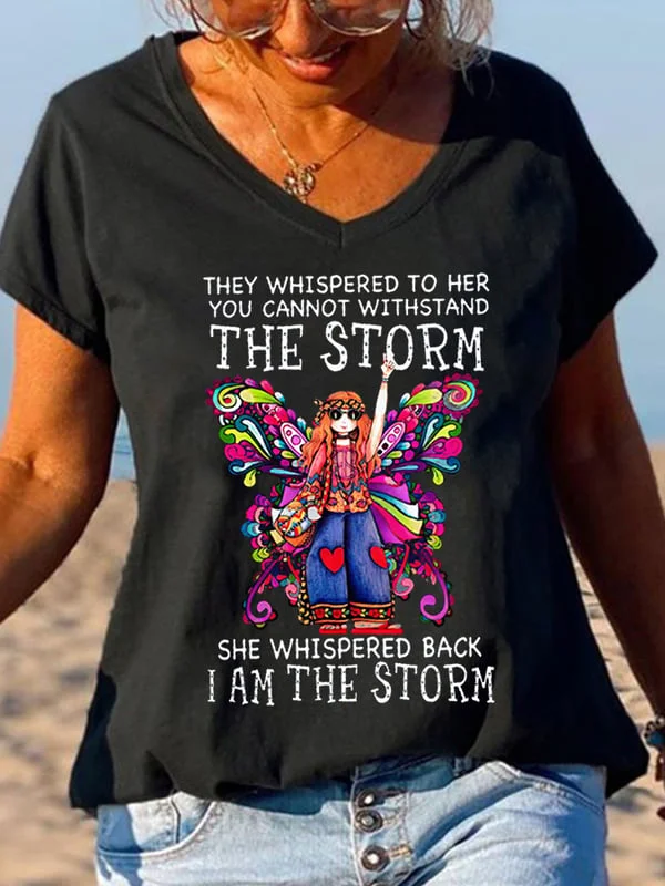 Women's She Whispered Back I Am The Storm Butterfly Graphic Casual Tee