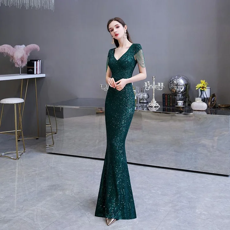 Women's V Neck Sequined Wedding Evening Mermaid Dress Bridal Gowns