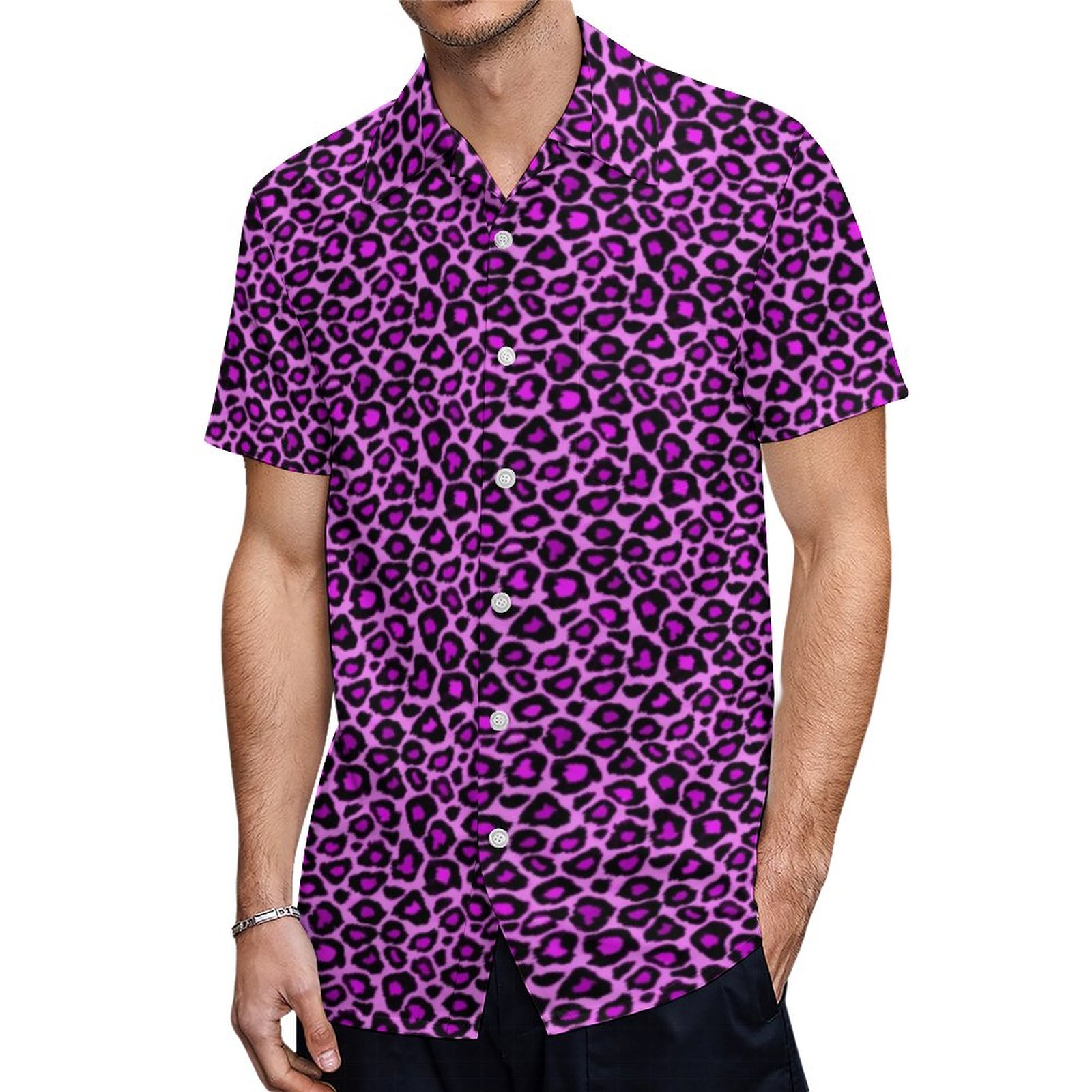 Fun Bold Purple Pink Colorful Leopard Print Hawaiian Shirt Mens Button Down Tropical Hawaii Beach Shirts