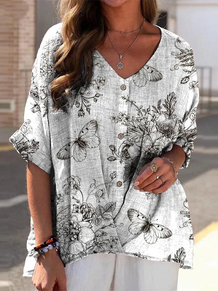 Women's Vintage Floral Butterflies Art Print Casual Linen V-neck Shirt