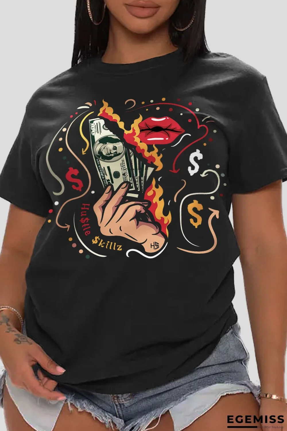 Black Fashion Casual Lips Printed Patchwork O Neck T-Shirts | EGEMISS