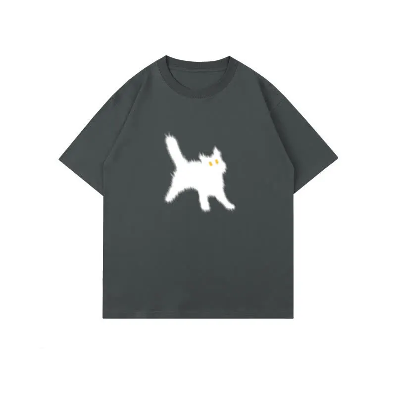 Cartoon Cat Print Round Collar Oversized T-Shirt