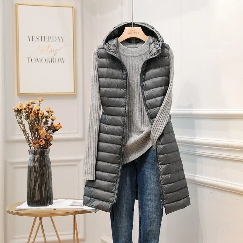 FTLZZ 2020 Winter New Women Ultra Light White Duck Down Jacket Zipper Medium Long Vest Casual Outerwear 4XL Plus Size Down Coat