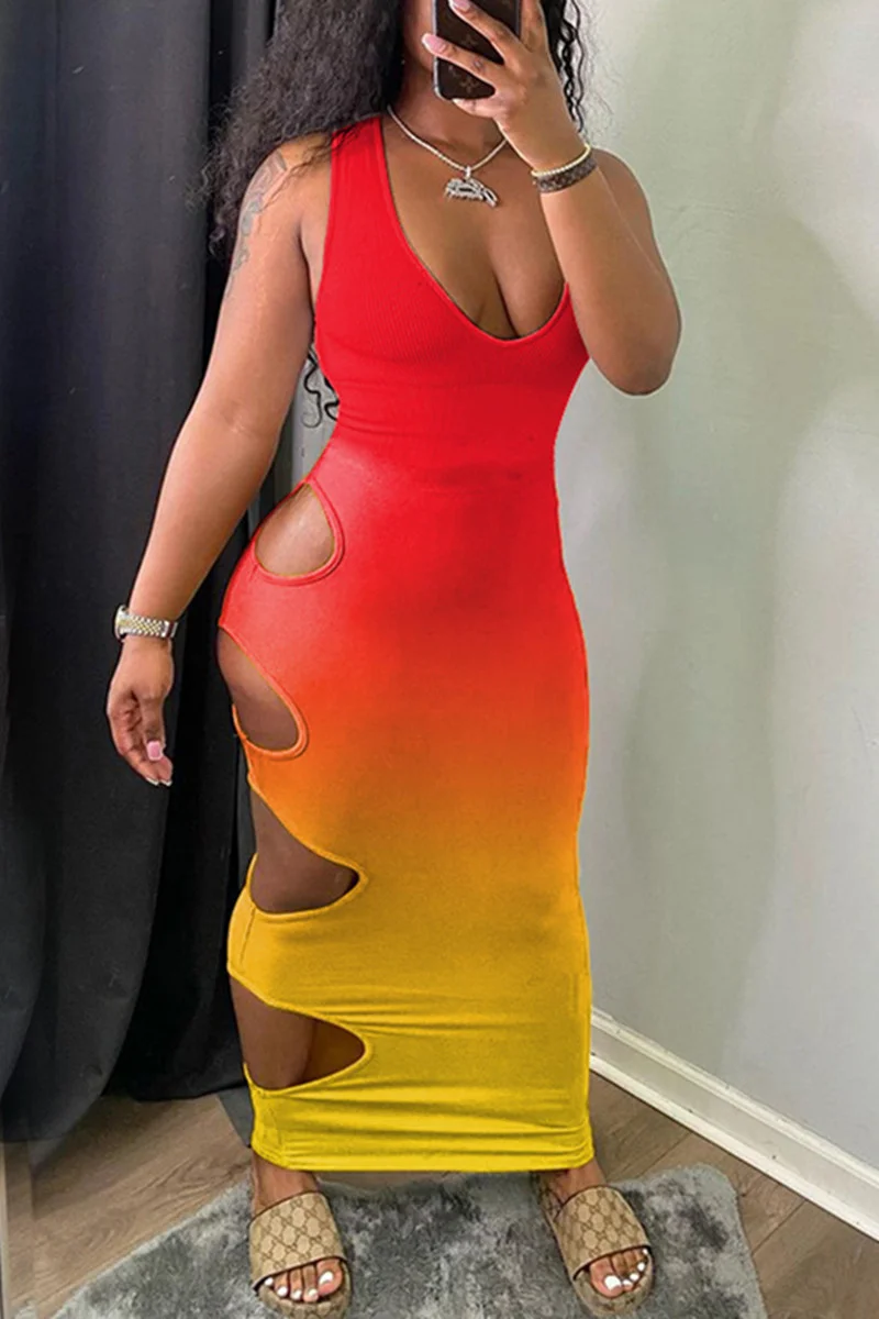 Red Fashion Sexy Gradual Change Print Hollowed Out U Neck Vest Dress