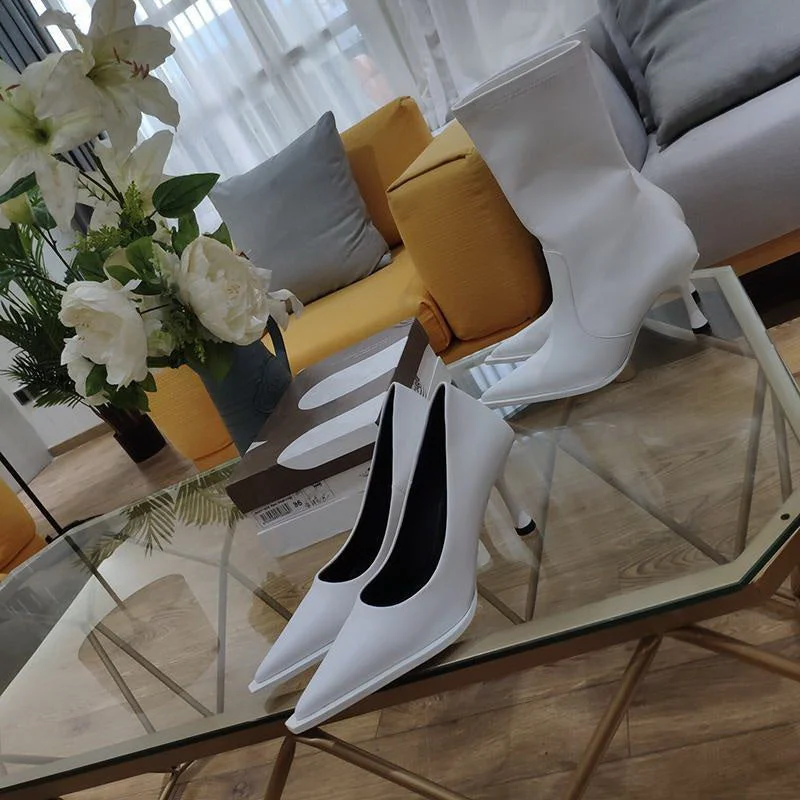 2022 NEW Women's Shoes LEATHER Woman High Heels Pointed Toe Women Pumps For Fashion Office Lady Slip On Sock Free White Black