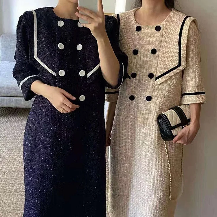 Sailor Collar Double Button Tweed Dress - Modakawa modakawa