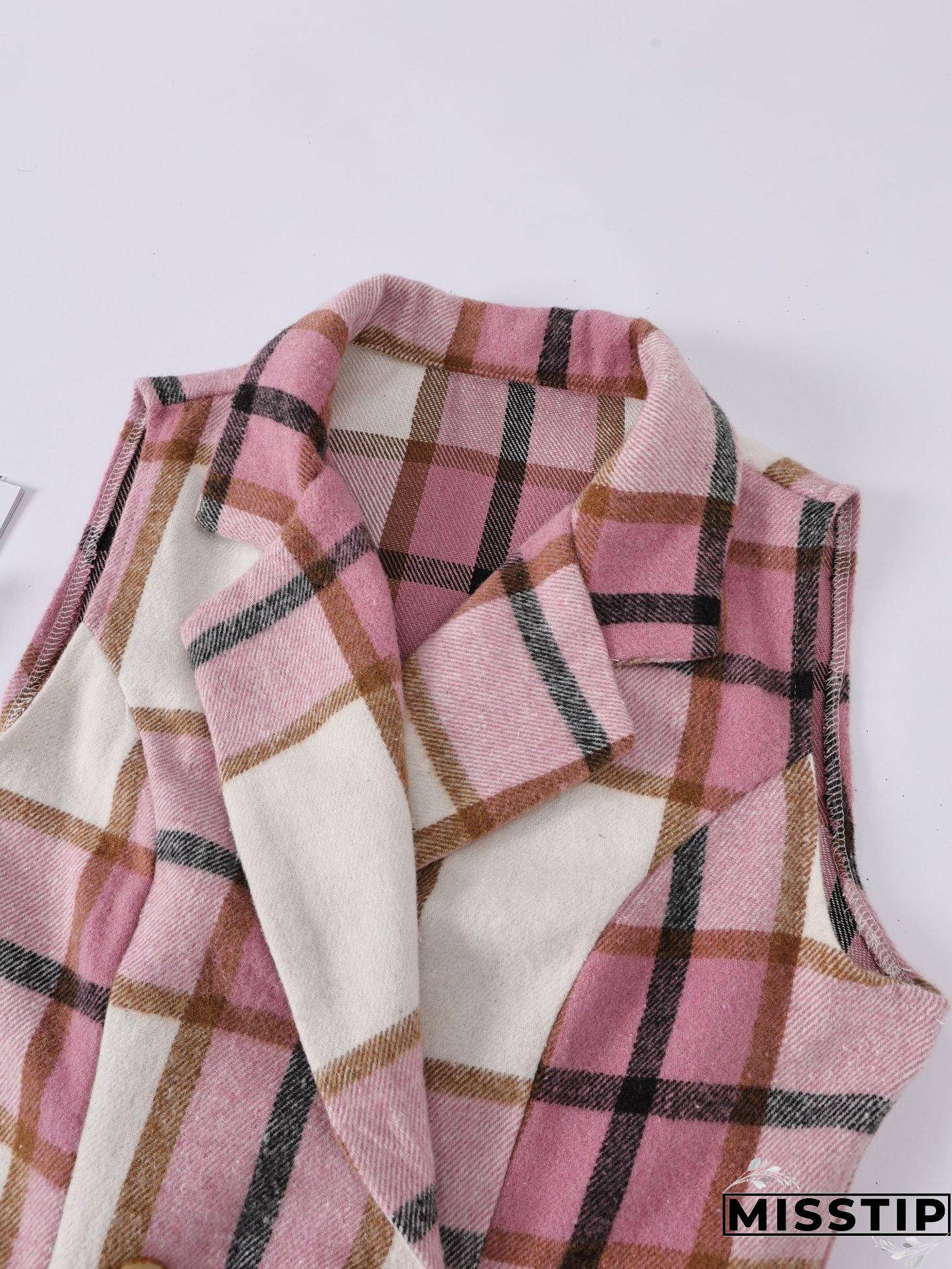 Women's Fashion Plaid Long Vest Turndown Collar Sleeveless Blazer