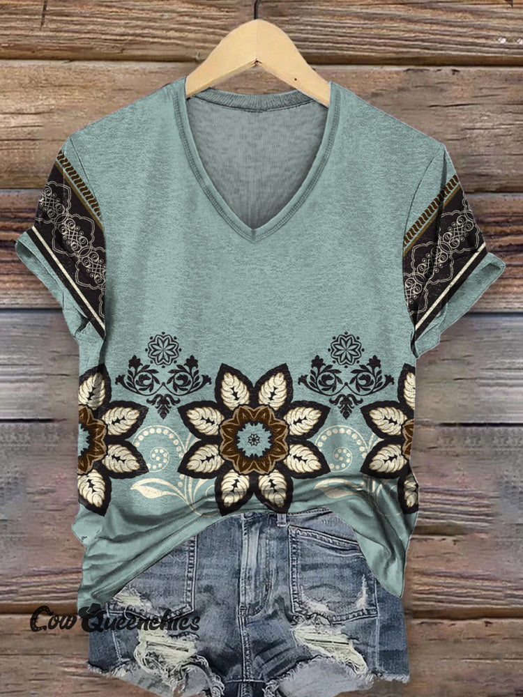 Vintage Floral Art Prints V-neck Casual T-Shirt Multicolor / S
