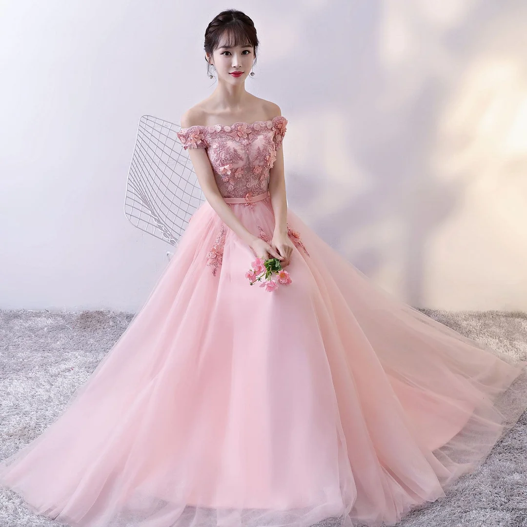 Pink Tulle Lace Long Prom Dress, Lace Evening Dress