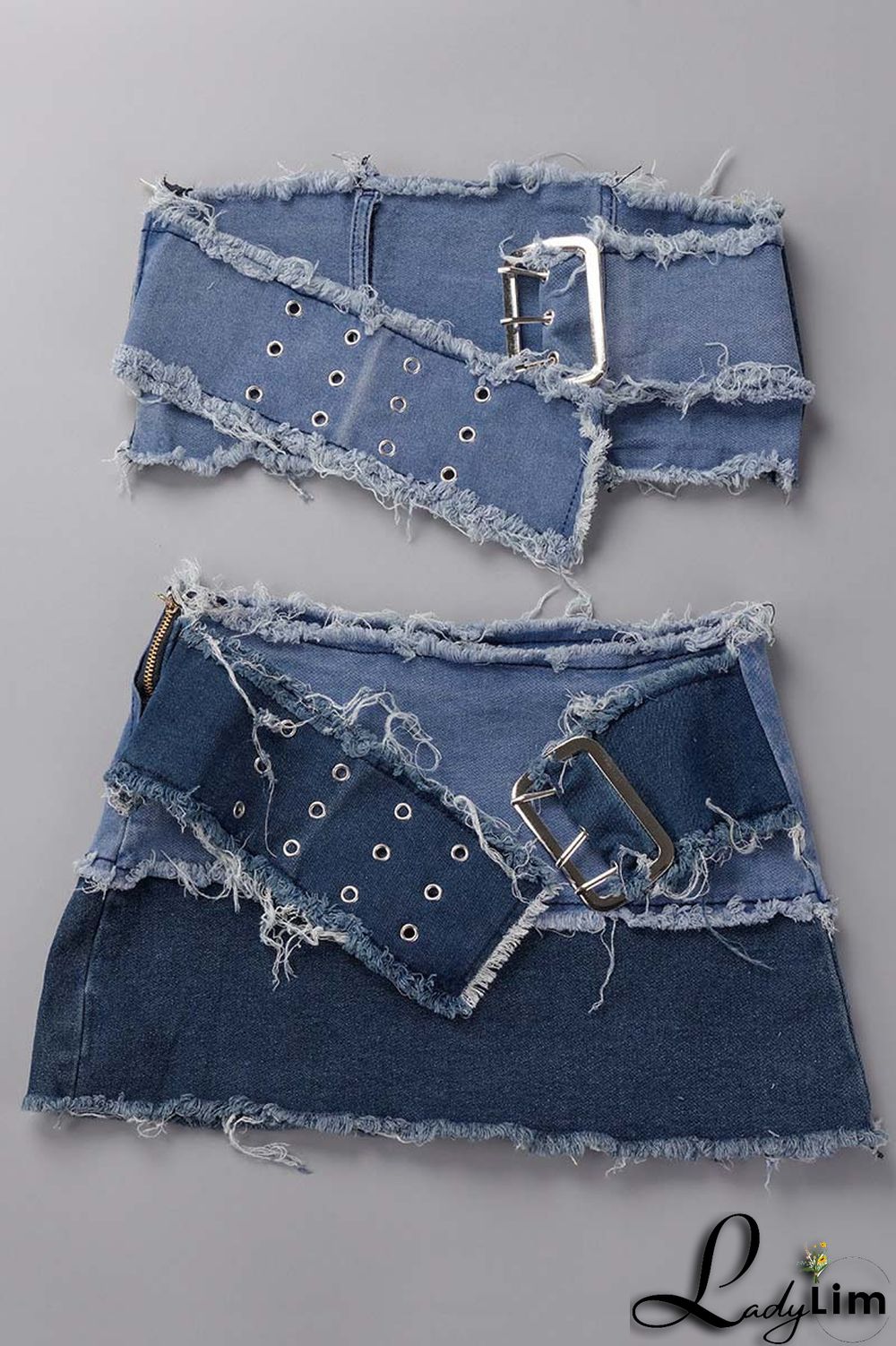 Blue Sexy Street Solid Make Old Patchwork Strapless Sleeveless Two Pieces