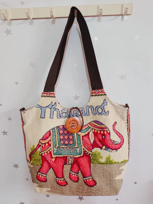 Women’s Large Canvas Elephant Ethnic Style Square Zipper Shoulder Bag