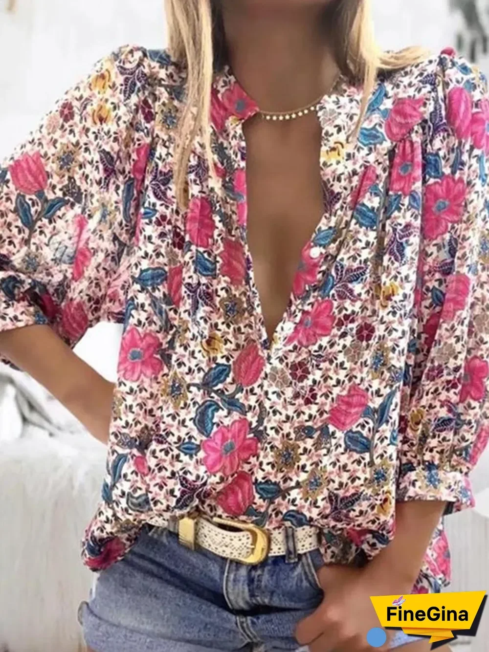 Flower Print V-Neck Loose-Fit Shirt P12033