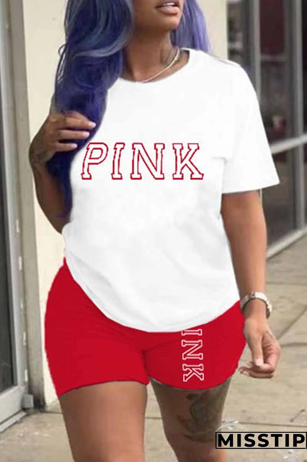 Black Casual Print Letter O Neck Short Sleeve Two Pieces