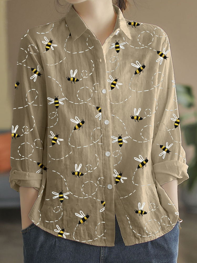 Comstylish Flying Bees Embroidery Pattern Linen Blend Blouse