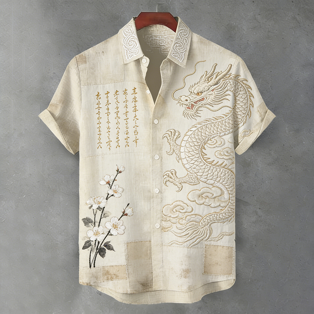 Japanese Art Dragon Pattern And Cherry Blossom Calligraphy Art Spliced Short Sleeve Shirt elevenforest
