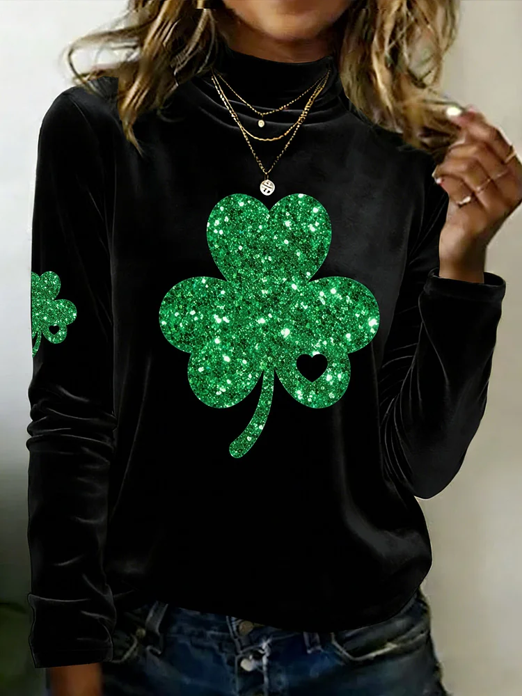 Women's Autumn/Winter St. Patrick's Day Shamrock Print Velvet Casual Top 