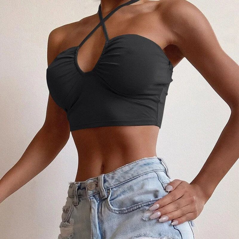 2022 Cropped Camisole Women Sexy Bandage Cross Tank Crop Top Solid Casual Backless Tanks Camis Tee Shirt Femme Woman T-shirt