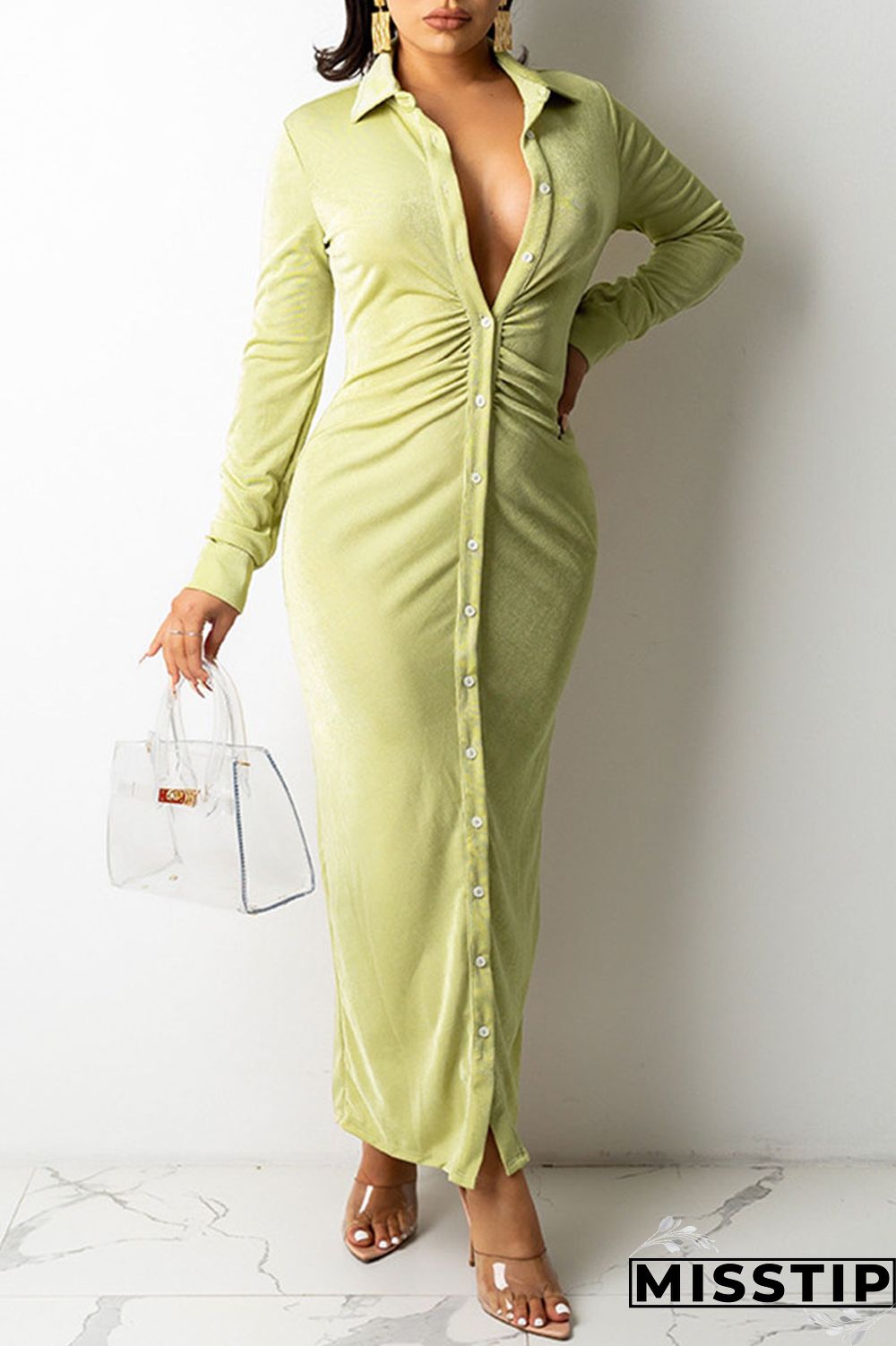 Khaki Casual Solid Patchwork Buckle Fold Turndown Collar Shirt Dress Dresses