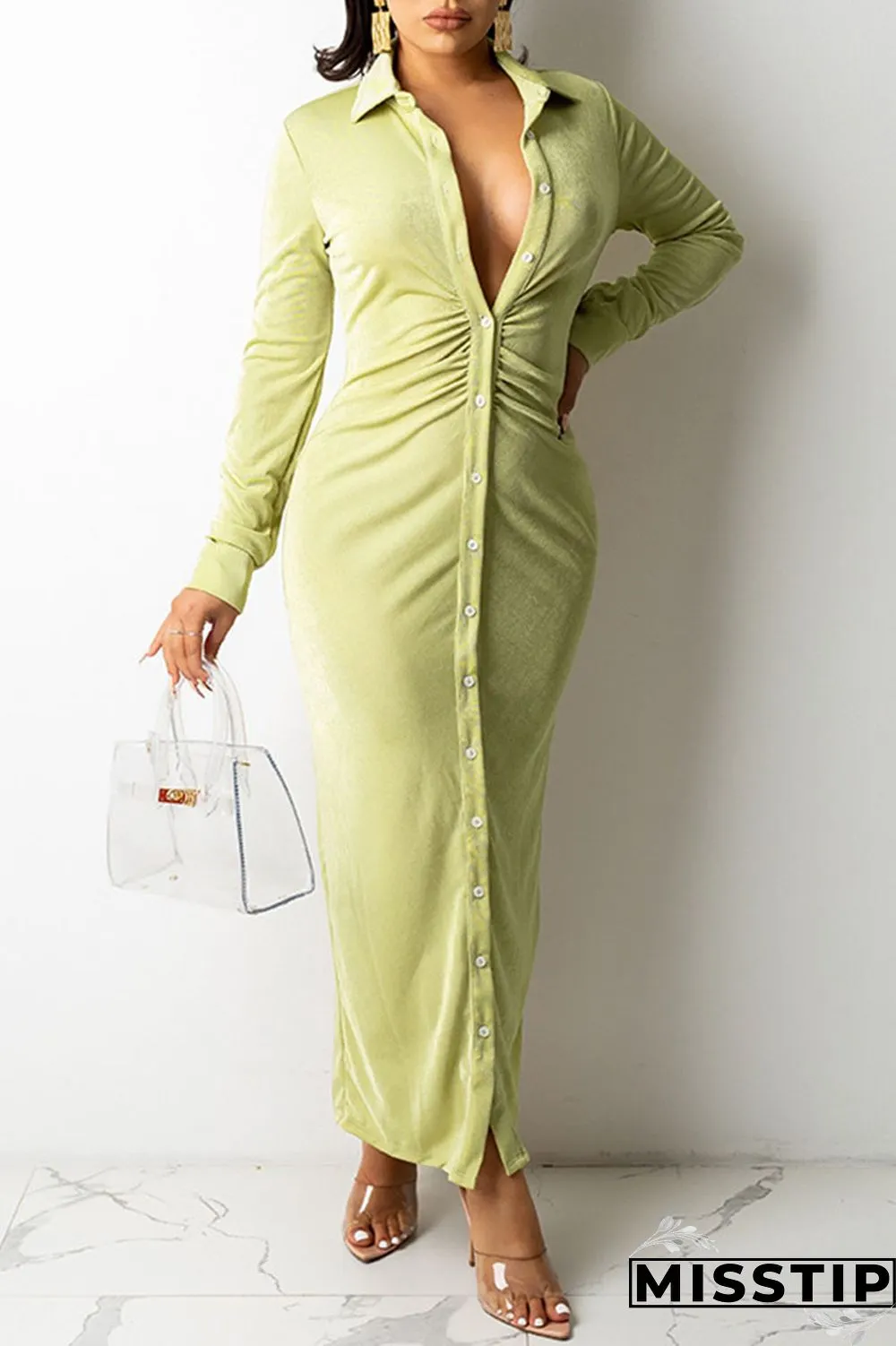 Khaki Casual Solid Patchwork Buckle Fold Turndown Collar Shirt Dress Dresses