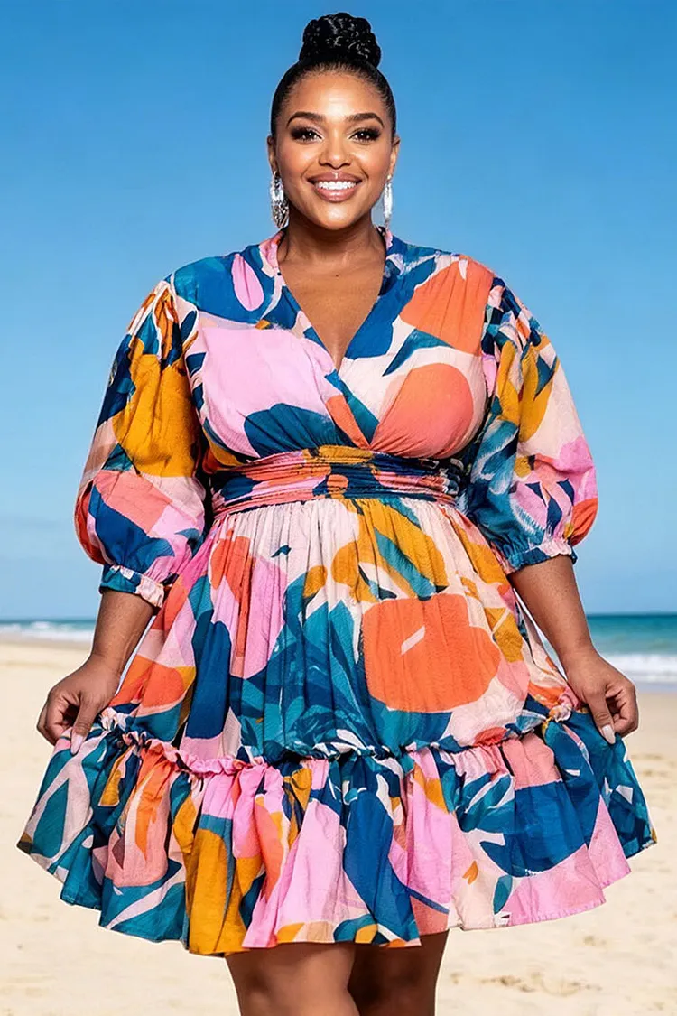 Xpluswear Design Plus Size Vacation Multicolor Tropical Print Wrap Neck Lantern Sleeve Half Sleeve Pocket Ruffle Mini Dresses [Pre-Order] 2024 - Xpluswear