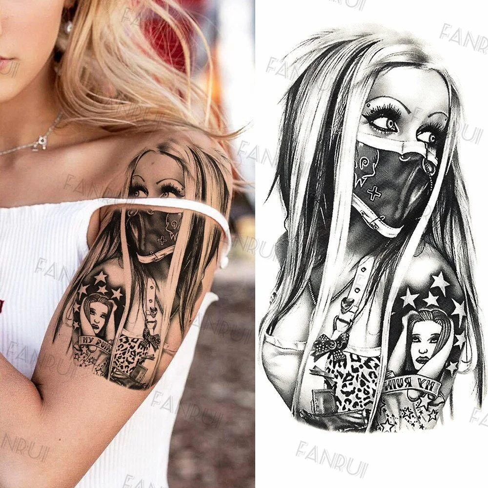 Black Gun Tattoos Sticker For Men Women Arm Art Temporary Tattoos Realistic Fake Flower Lion Tiger Tatoos Decal Cool Warrior DIY