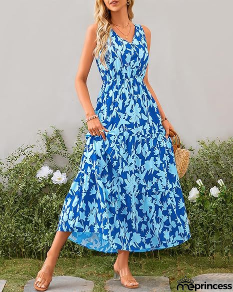 V-Neck Sleeveless Printed Maxi Dress