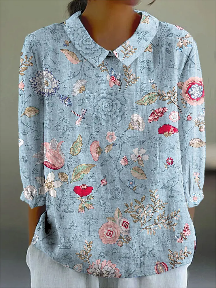 Women's Vintage Flower Art Print Casual Cotton And Linen 3/4 Sleeve Shirt