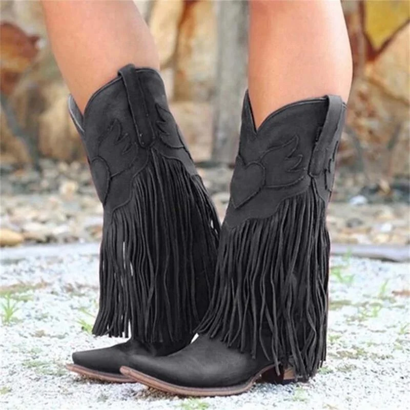 Vstacam Black Friday Women Knight High Boots Knee-High Solid Color PU Pointed Toe Personality Love Wings Tassel Fashion Street Outdoor Western Boots