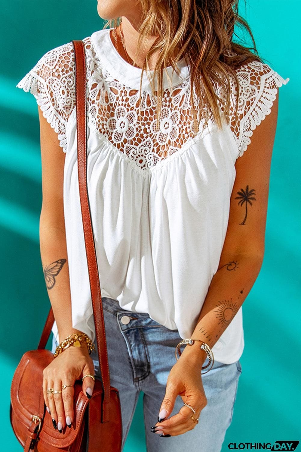 Lace Yoke Round Neck Spliced Top