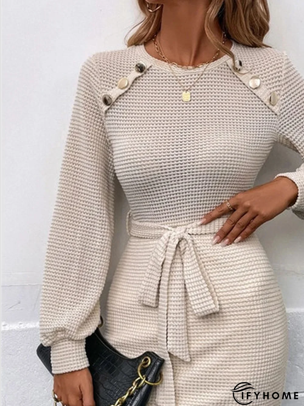 Casual Plain Crew Neck Buckle Texture Dress | IFYHOME