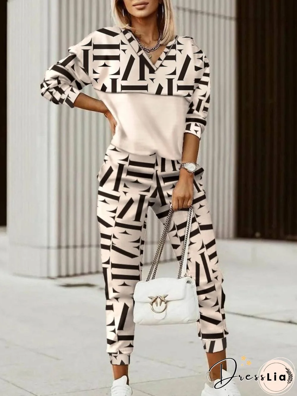 Geometric V Neck Long Sleeve Casual Suits