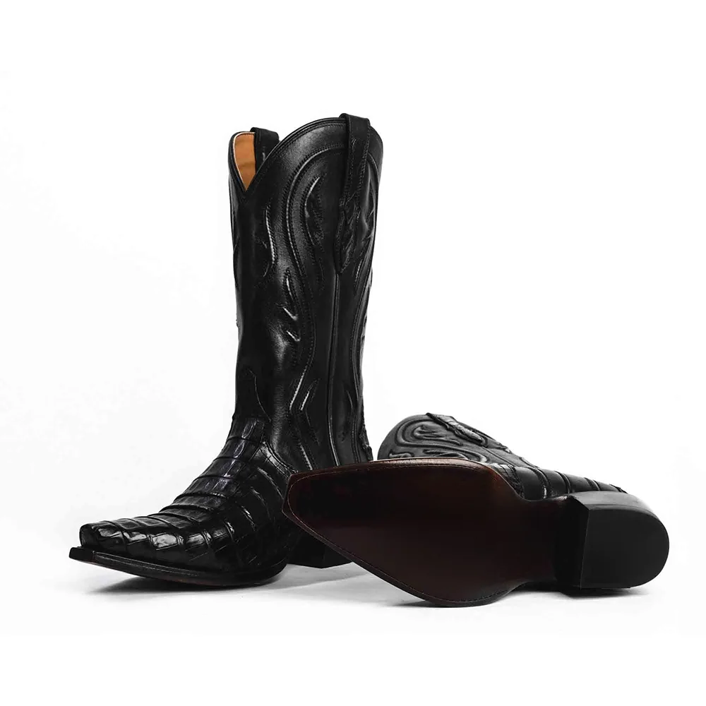 Black Snip Toe Mid Calf Croc Embossed Cowgirl Boots with Stitch