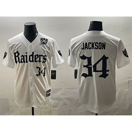 Men's Las Vegas Raiders #34 Bo Jackson White "Gothic Sin City Shadows Edition" With 65th Anniversary Patch Vapor Limited Stitched Baseball Jersey