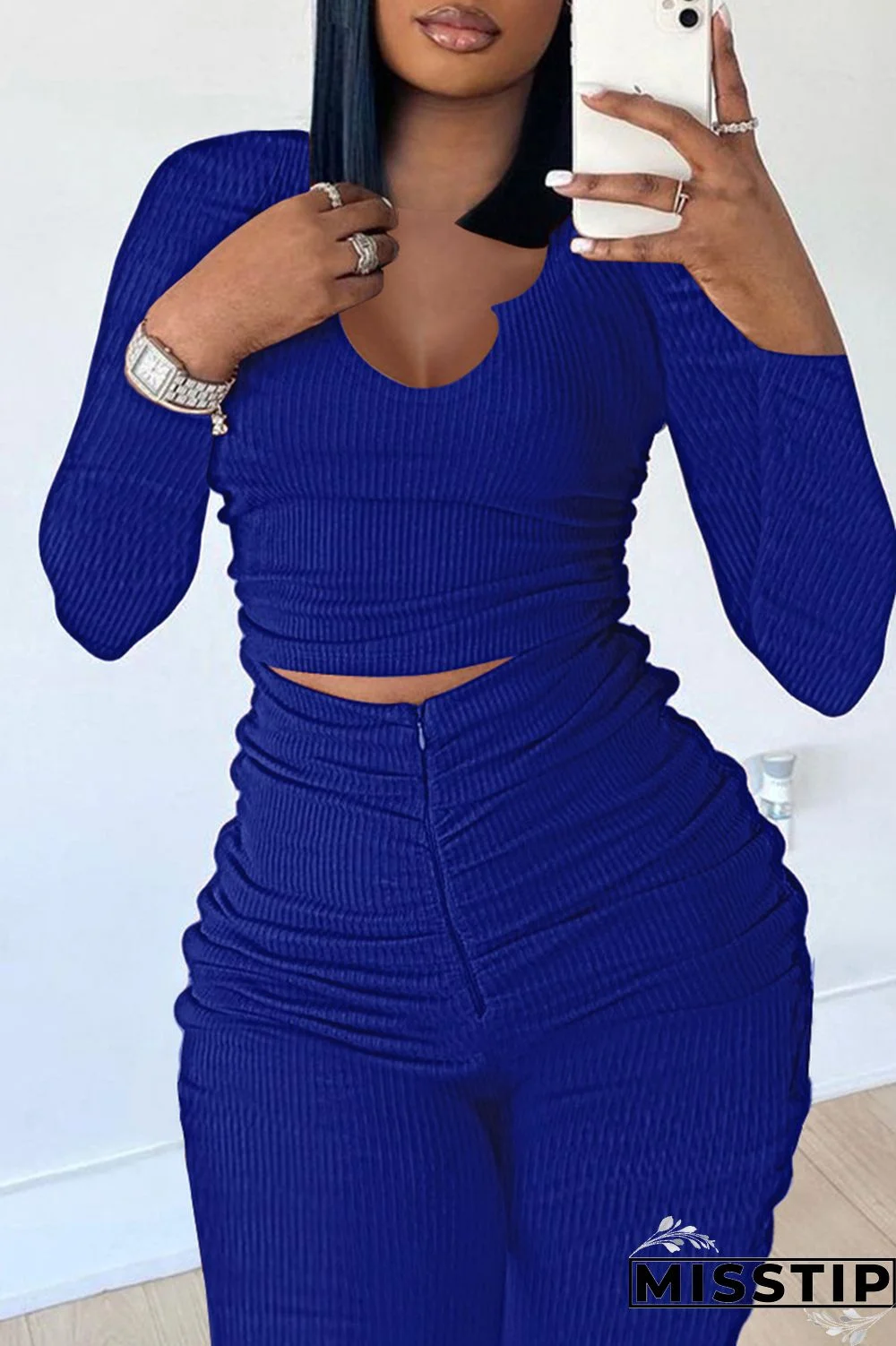 Brownness Fashion Casual Sweet Solid Fold O Neck Long Sleeve Two Pieces