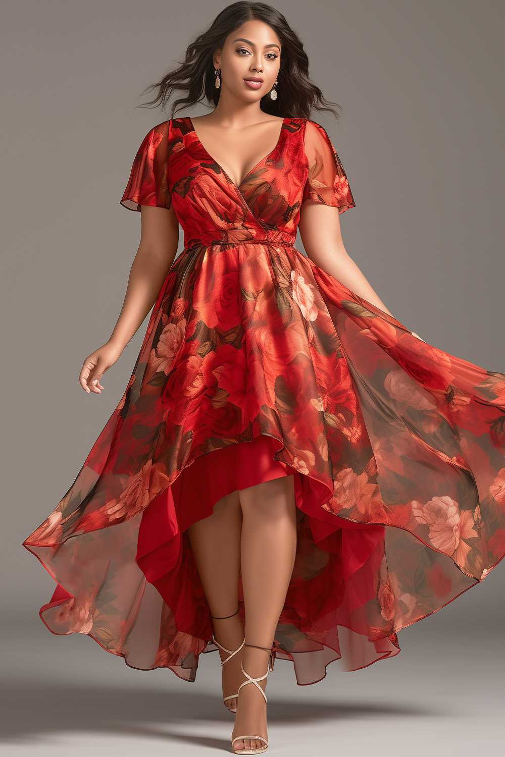 Flycurvy Plus Size Wedding Guest Red Chiffon Floral Print Wrap High Low Hem Maxi Dress 2024 - Flycurvy 