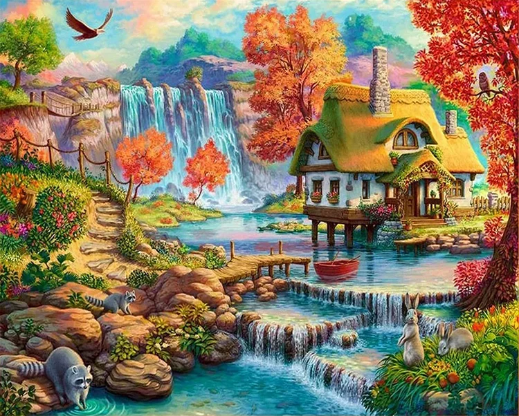 【Huacan Brand】House By The Water In The Mountains 16CT Stamped Cross Stitch 60*50CM