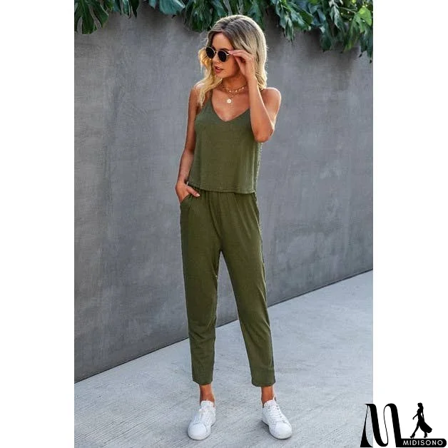 MidiSono - Spaghetti Strap Solid Loose Jumpsuit