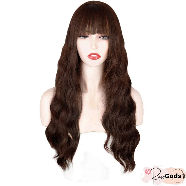 Qi Bangs Long Curly Wavy Chemical Fiber Wig Head Cover