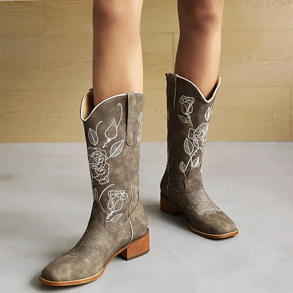 Taupe Block Heel Square Toe Mid Calf Floral Embroidered Cowgirl Boots
