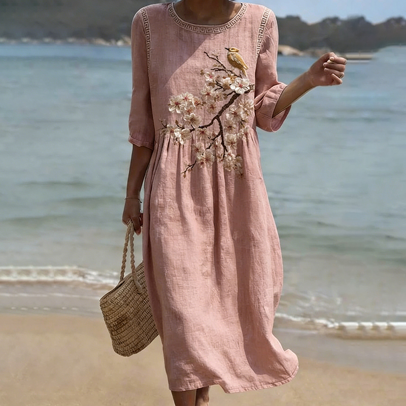 Women's Japanese Sakura & Floral-bird Art Linen-blend Dress wearshes