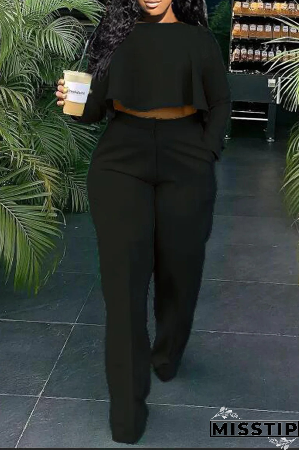 Green Casual Solid Flounce O Neck Long Sleeve Two Pieces