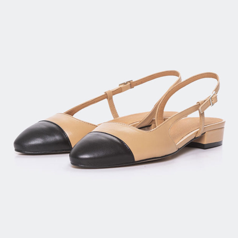 Tan & Black Almond Toe Buckle Strap Slingback Shoes with Block Heel Nicepairs