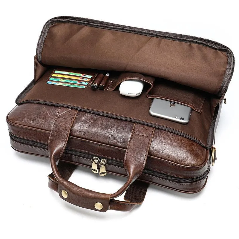 Casual Business Solid Color Handbag 15.6-Inch Computer Bag Leather Crossbody Bag